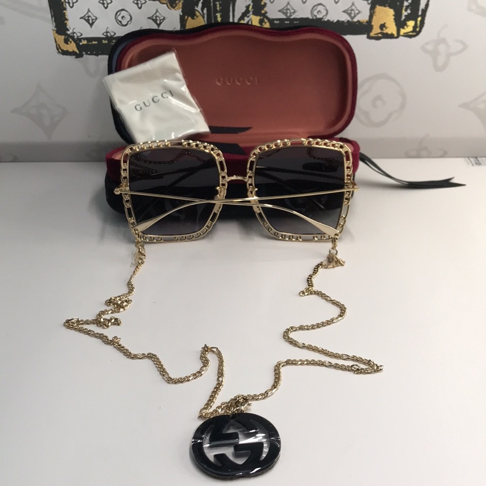 New Authentic Gucci Sunglasses Women's GG1033S 002 Gold Necklace Chain 57-21-215 - Picture 15 of 17